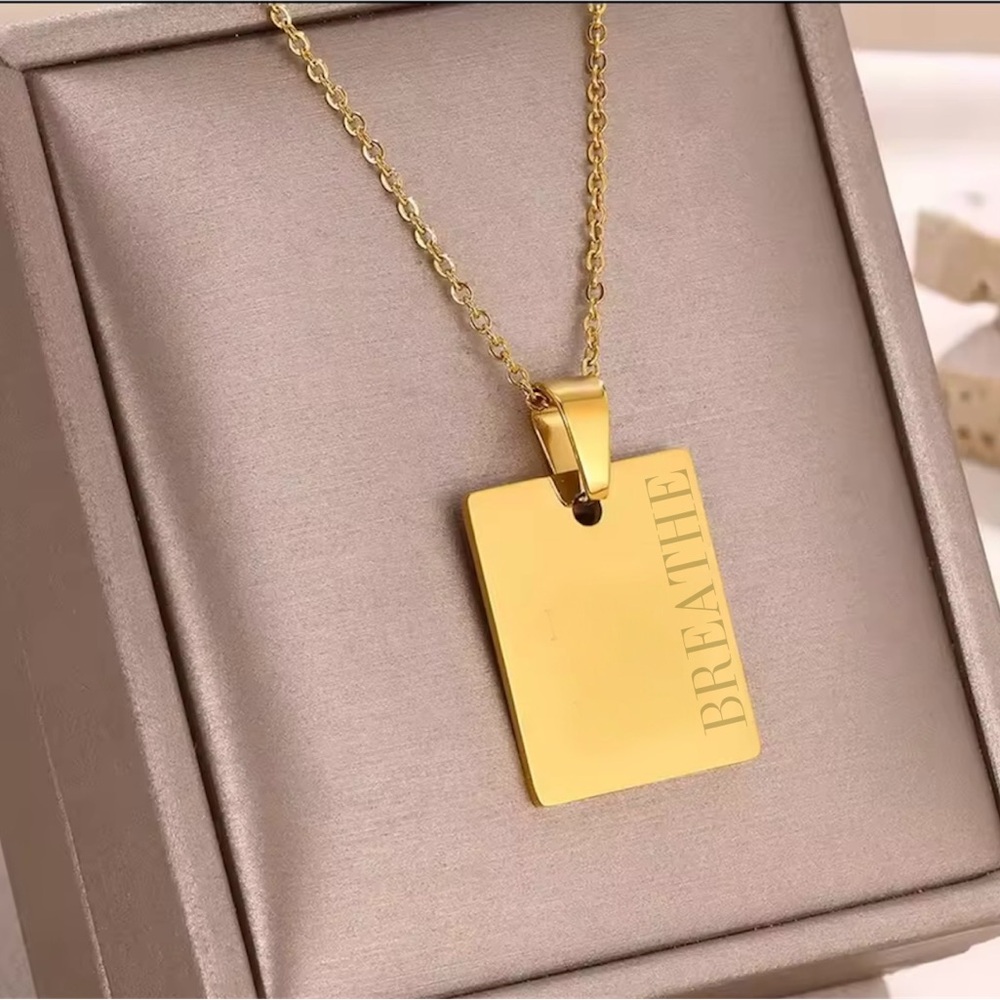 New Stainless Steel Gold Rectangle Pendant Necklace with "BREATHE" Engraving